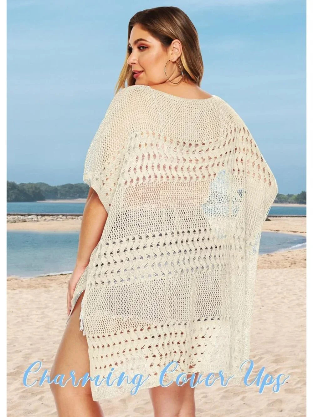 Women's D Hollow Beige One Size Polyester Crochet Summer Swimsuit Coverup Dress